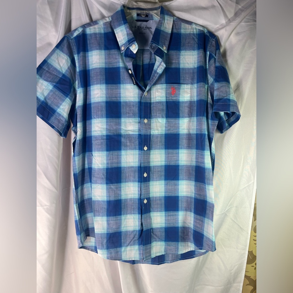 US POLO ASSN Blue Plaid Short Sleeve Button Down Shirt Men’s L